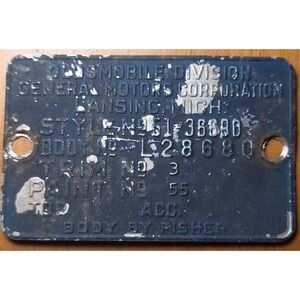 1951 Oldsmobile VIN Data Plate Body By Fisher Lansing Michigan